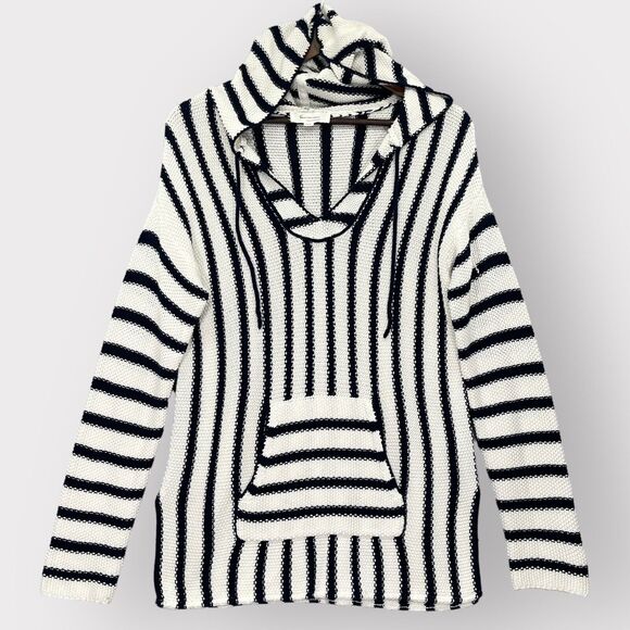 Two By‎ Vince Camuto Sweater Women M Black/White Striped Knit Stretch Hooded V72 - Picture 1 of 16